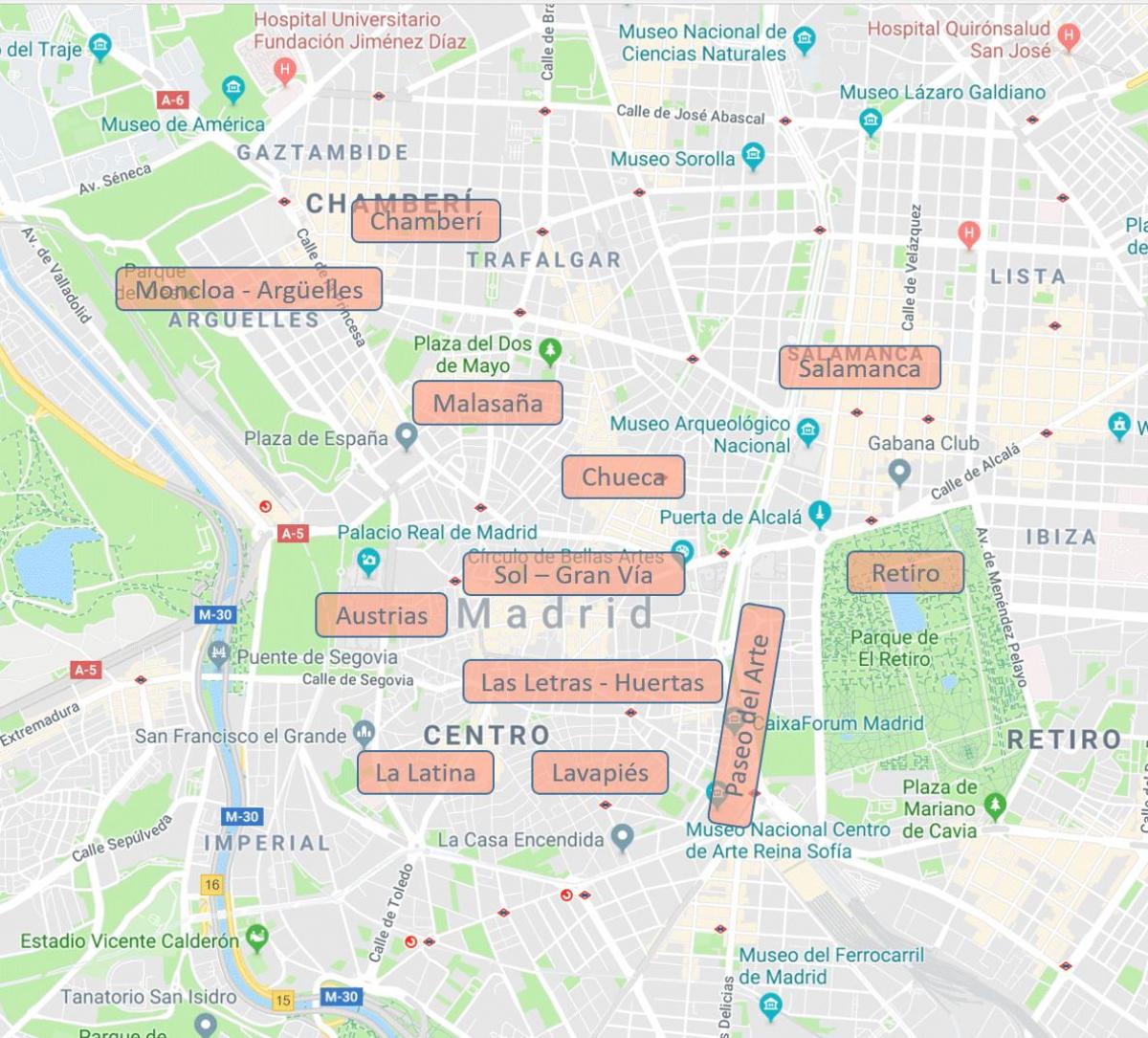 žemėlapis Madride (Ispanija rajonų